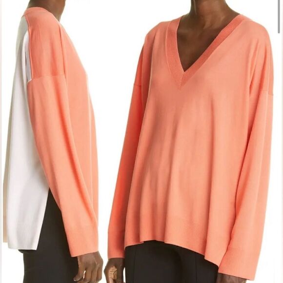 St. John Knits Womens Pink Orange Contrast Back Wool Vneck Sweater Size M - Picture 1 of 9